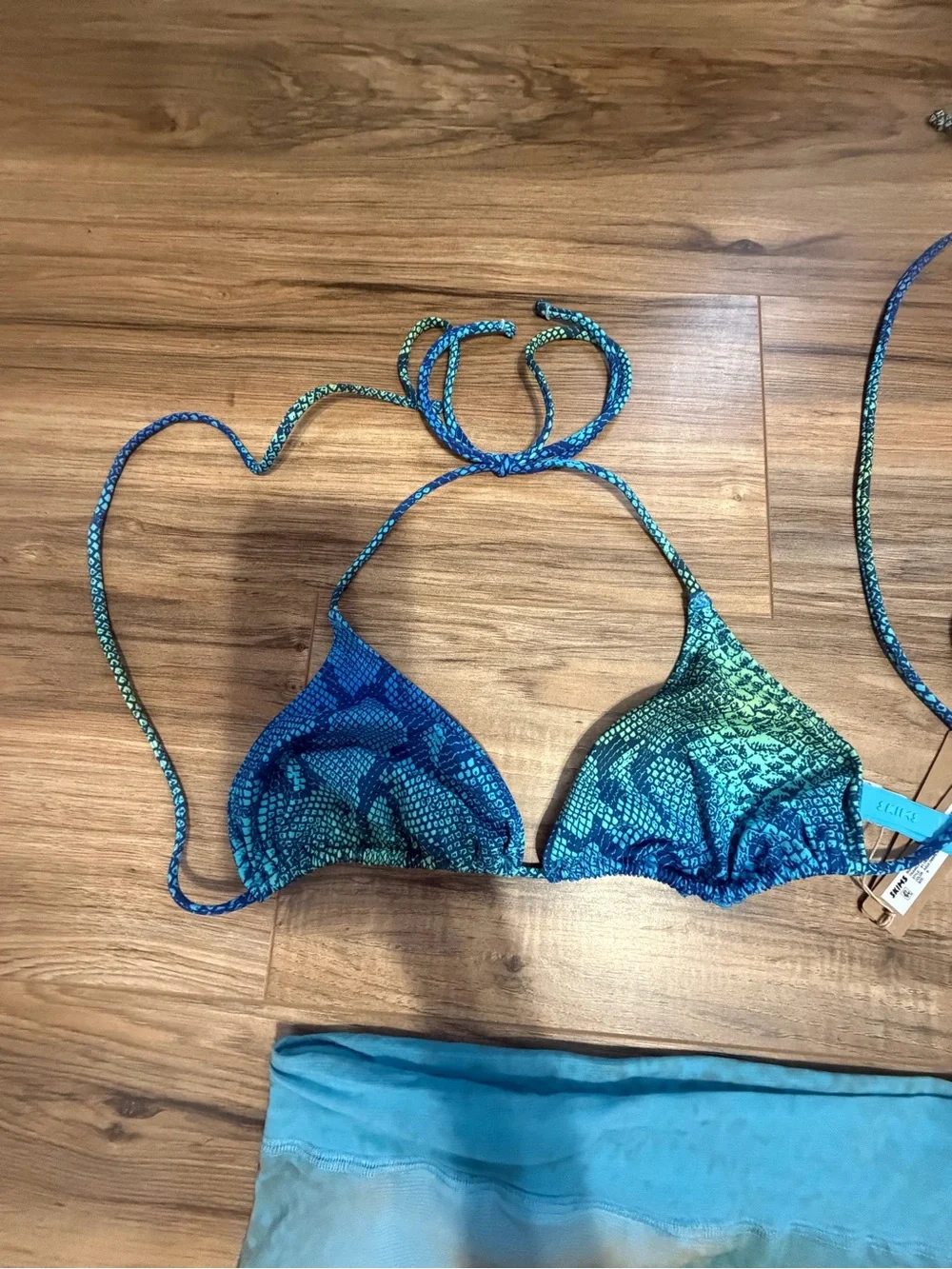 SKIMS Blue Ombre Mesh Sarong with Aqua Patterned Bikini Set .. selling as a set